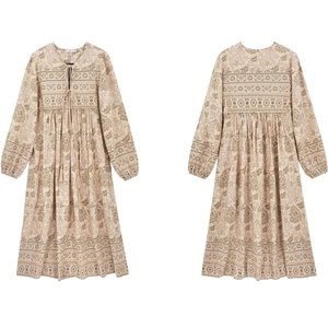 Long Sleeve Floral Print Retro V Neck Tassel Bohemian Midi Dresses